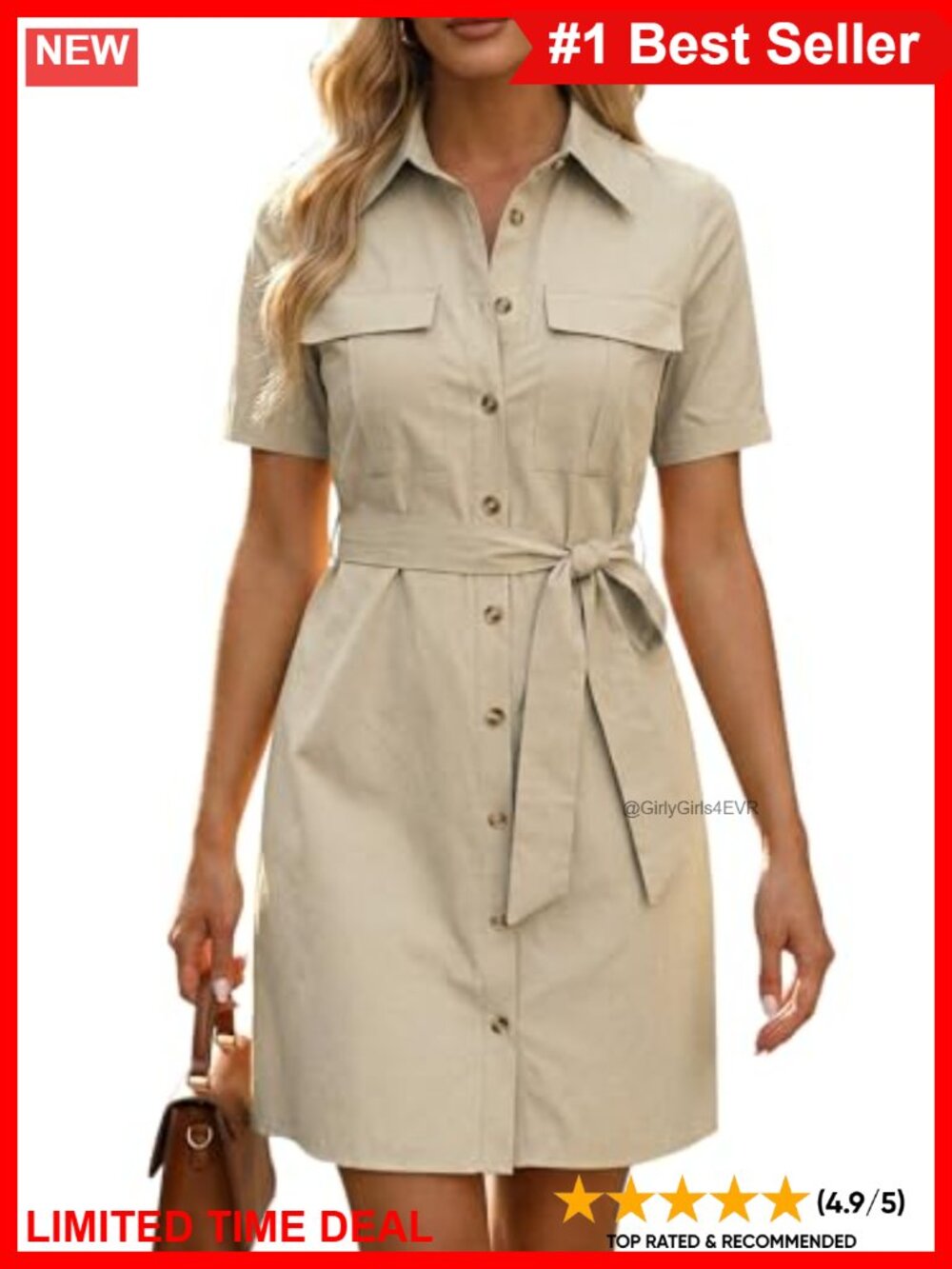 Women's Safari Shirt Dress Cotton Collared Short Sleeve Button Down Casual